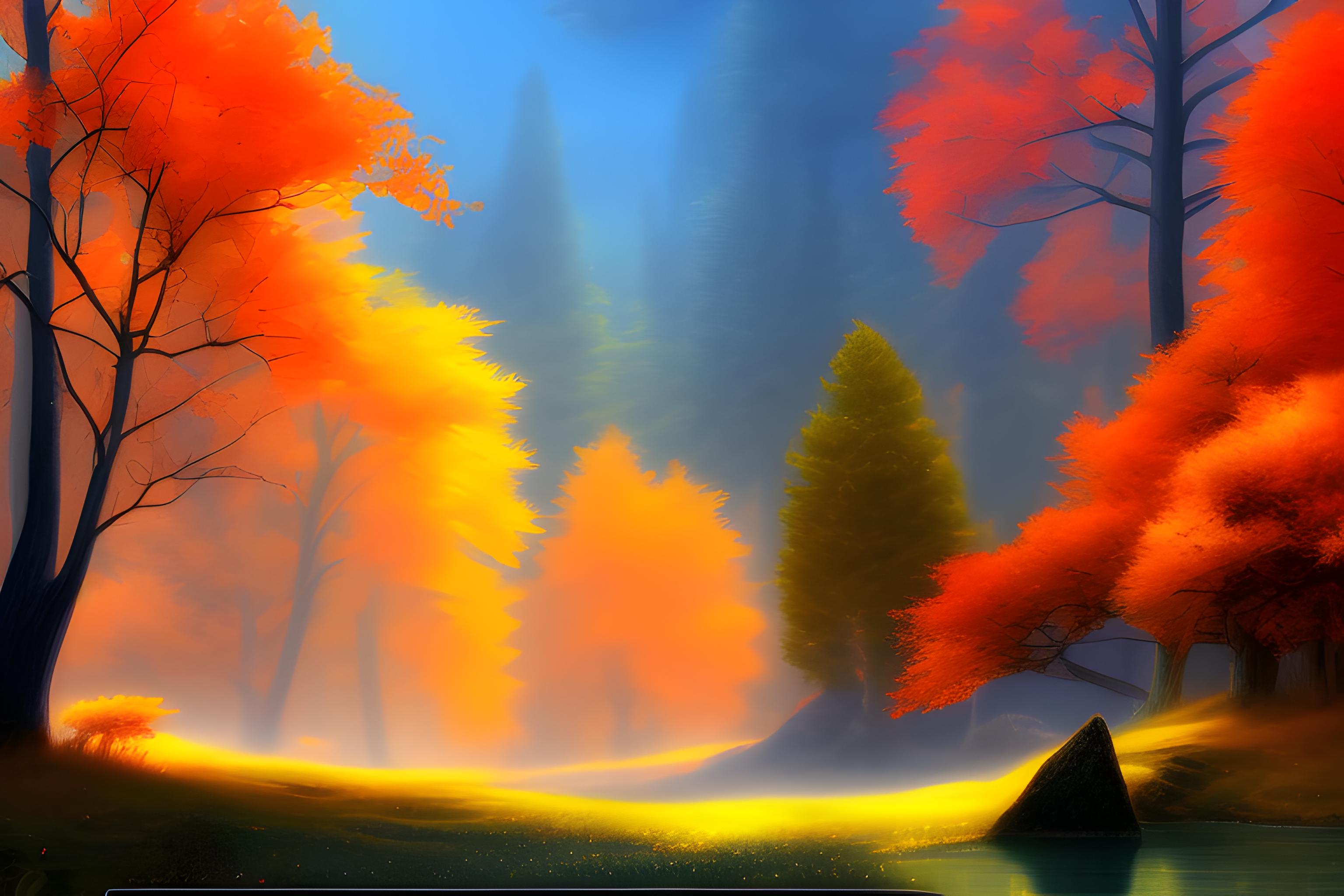 Create a fall landscape, nature, forest in portugal, that contrasts with the followwing colours: #233DEC #5CF0B3 
